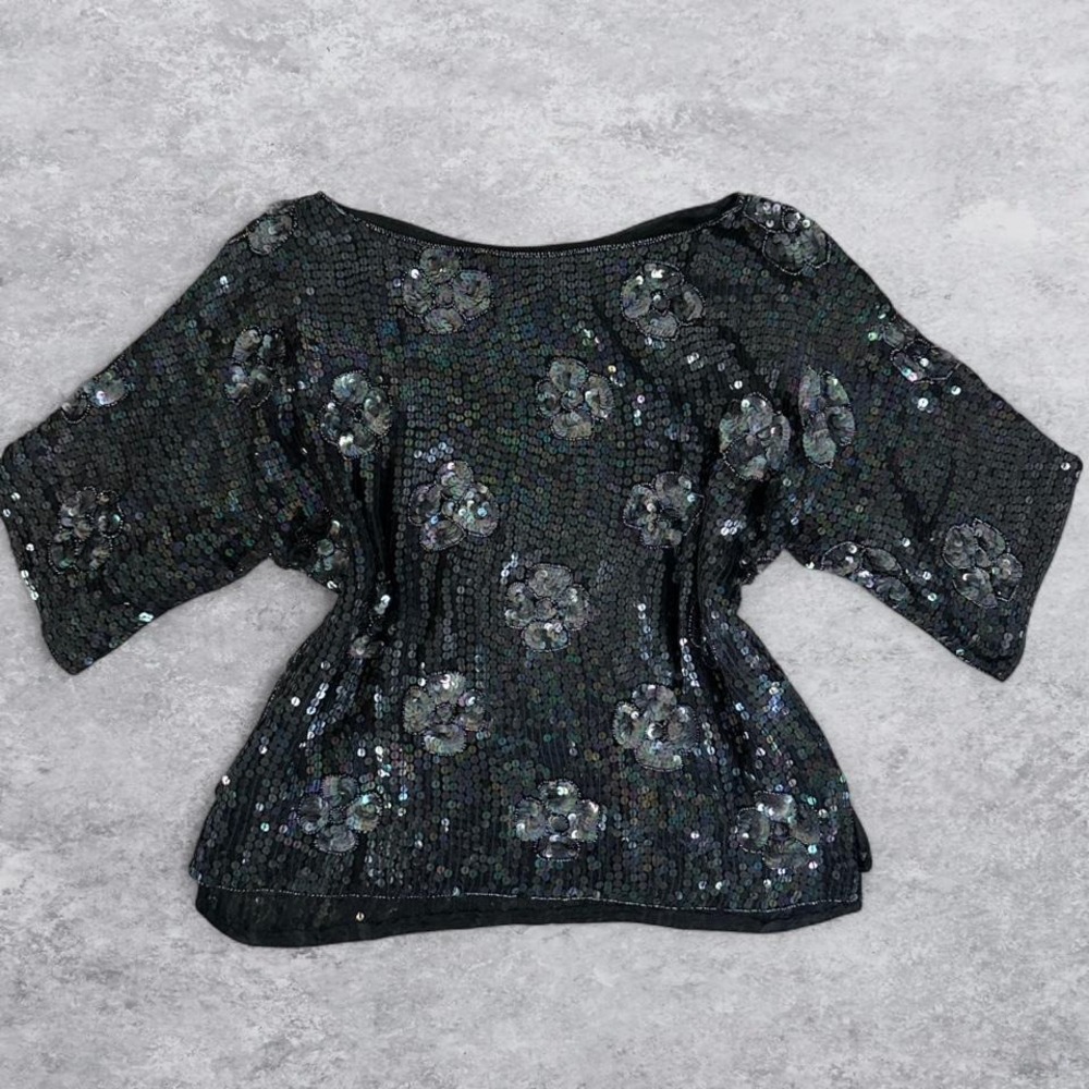 Vintage Iridescent Black Sequin Floral Boat Neck Evening Blouse Top
